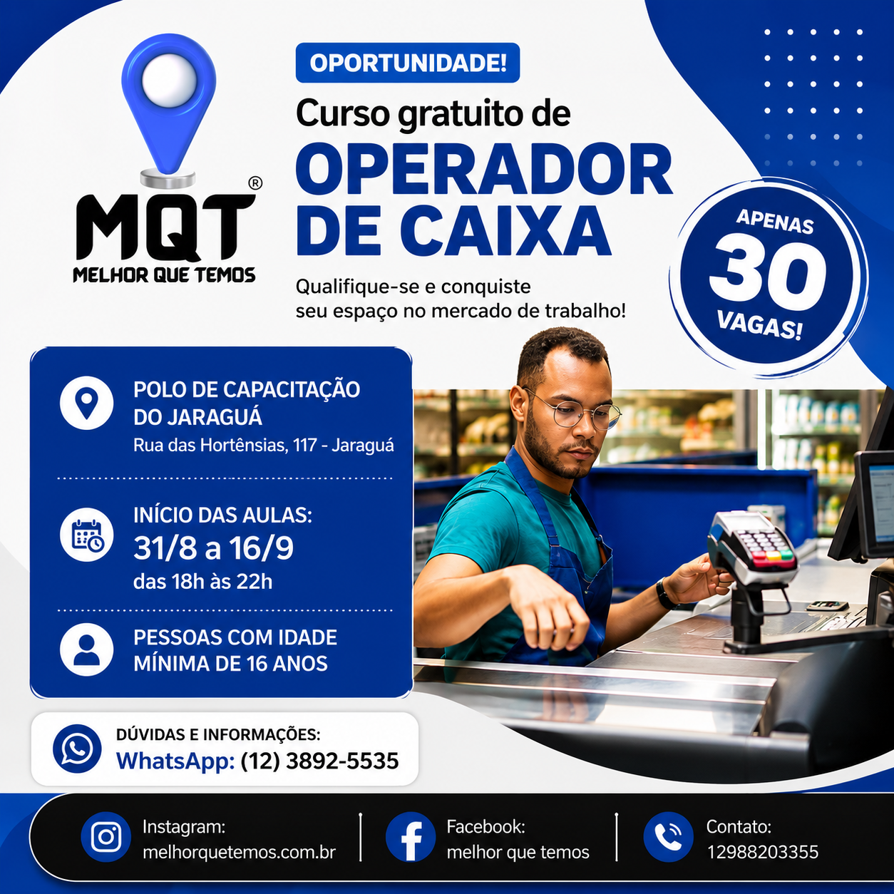 CURSO GRATUITO DE OPERADOR DE CAIXA EM SÃO SEBASTIÃO